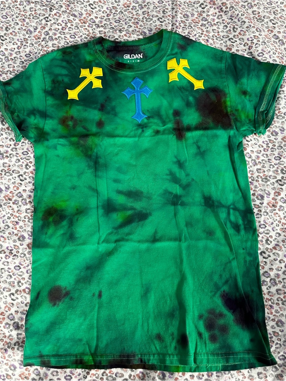 Gildan Green Tie-Dye Tee with Yellow and Blue Crosses